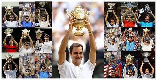 A montage of Roger Federer's Grand Slam wins