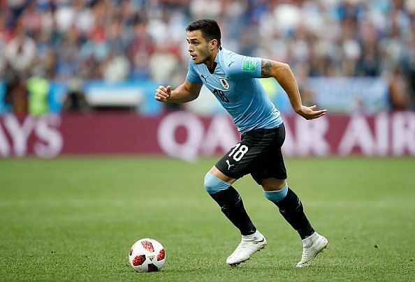 Maxi Gomez in action for Uruguay v France: Quarter Final - 2018 FIFA World Cup Russia