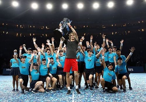 Alexander Zverev celebrates his 2018 Nitto ATP Finals victory with the ball-kids