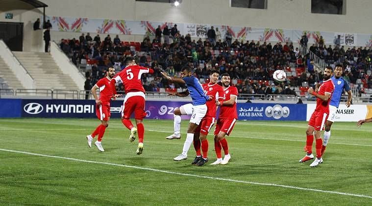 Action from the Jordan vs India match in Amman