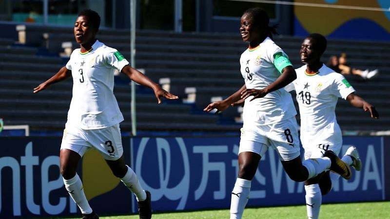 Ghana&#039;s goalscorers - No 3 Millot Pokuaa, No 8 Mukarama Abdulai and No 19 Animah Grace (Image Courtesy: FIFA)