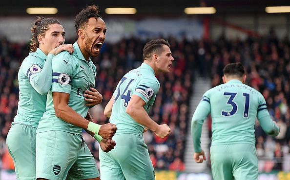 Aubameyang celebrates his goal against Bournemouth at the weekend