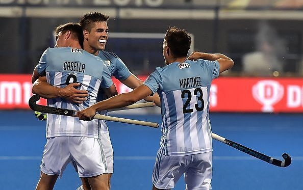 Argentinian players celebrating after scoring a goal