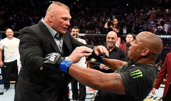 Brock Lesnar pushes Daniel Cormier after the main event of UFC 226