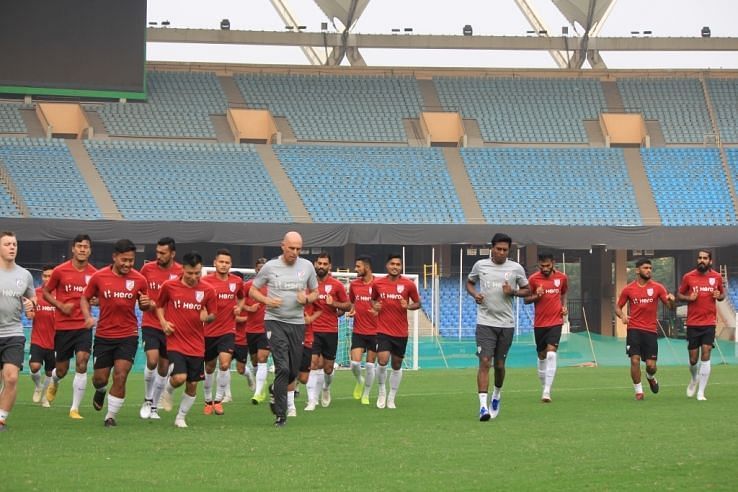 Indian football team practicing in Delhi for their upcoming friendly against Jordan