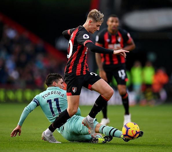 Torreira nicks the ball off a Bournemouth player