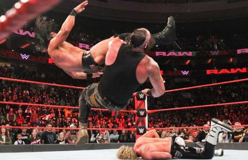 McIntyre executing the Claymore Kick on Braun Strowman