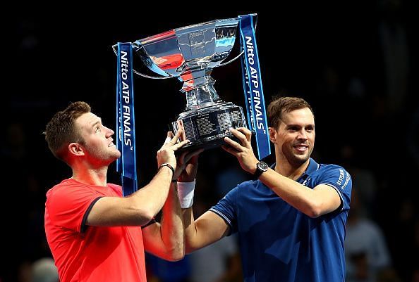 Jack Sock and Mike Bryan lift the 2018 Nitto ATP Finals Doubles trophy