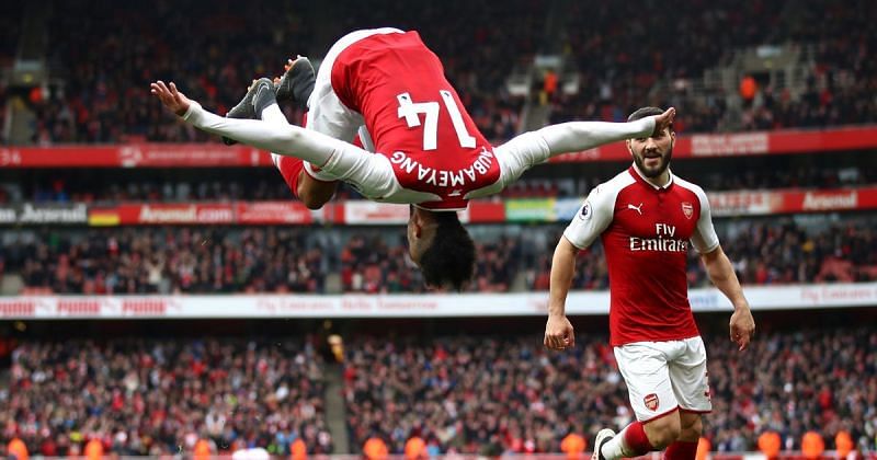 Arsenal striker Pierre-Emerick Aubameyang celebrating his goal against Watford 