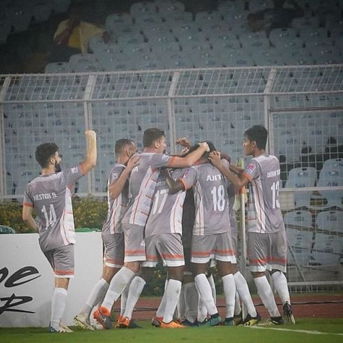 Chennai City FC players celebrate after Sandro Rodriguez give them the lead