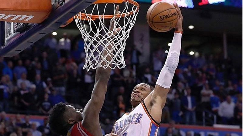 Westbrook&#039;s left-handed dunk over Clint Capela in the 2017 NBA playoffs