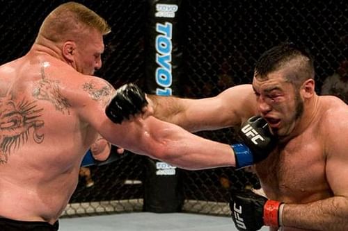 Brock Lesnar clocks Heath Herring with a huge right hand