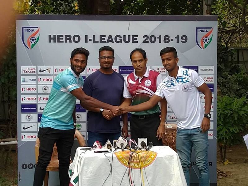 Shankarlal Chakraborty (second from right) and Akbar Nawas during the pre-match press conference