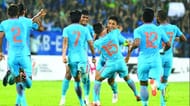 Sunil Chhetri and teammates during India's 2-0 win over Kenya.