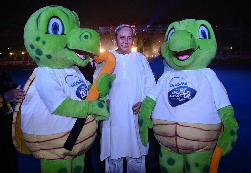 Olly, the mascot of the Odisha World Cup with Chief Minister, Naveen Patnaik