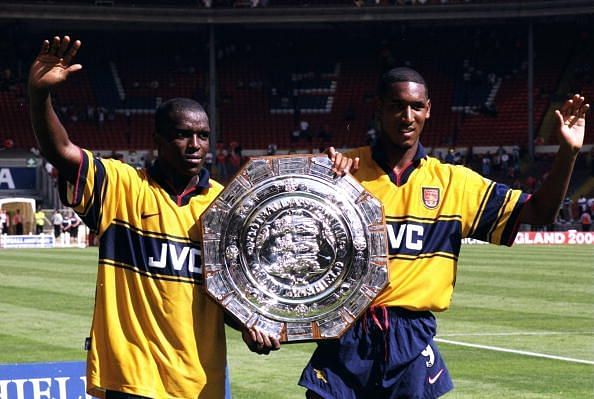 Christopher Wreh (L) celebrates the Community Shield victory