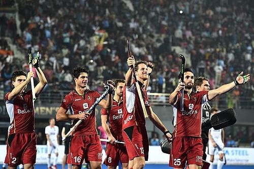 The ecstatic bunch of Belgian players after their win against Germany in the quarterfinal