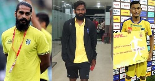 (From left) Sandesh Jhingan, CK Vineeth and Halicharan Narzary of Kerala Blasters