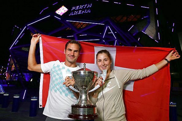 Roger Federer and Belinda Bencic with the 2018 Hopman Cup