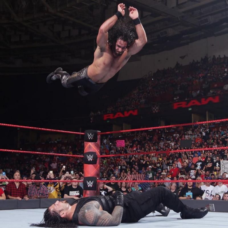 Seth Rollins leaps through the skies to demolish former Shield mate Roman Reigns.