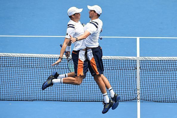 The Bryan twins doing their signature celebration at the 2018 Australian Open