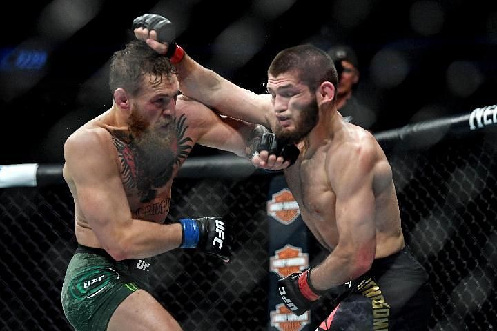 Conor McGregor and Khabib Nurmagomedov amidst exchanges during their title fight at UFC 229!