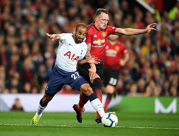 Jones trying to get the better of the ball in the premier league match against Spurs