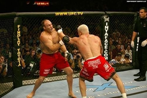 Tito Ortiz lands with a rare flurry on Randy Couture (Image credits: Zuffa LLC)