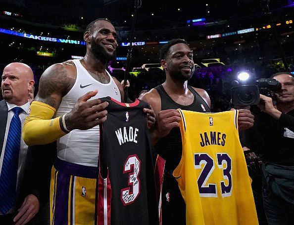 LeBron James and Dwyane Wade exchange jerseys at the end of the game
