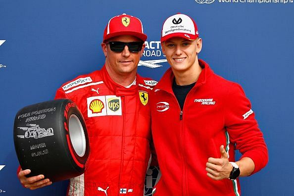 Mick Schumacher (right) with Kimi Raikkonen at the Italian GP earlier this year