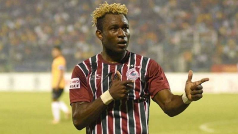 Sony Norde celebrates after scoring a goal for Mohun Bagan