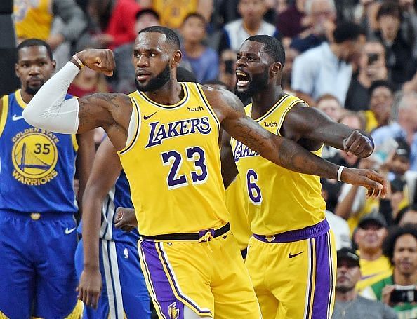 LeBron celebrates during the Lakers-Warriors game earlier this season