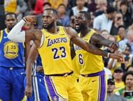 LeBron celebrates during the Lakers-Warriors game earlier this season