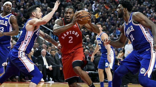 Kawhi in action for Toronto Raptors v Philadelphia 76ers