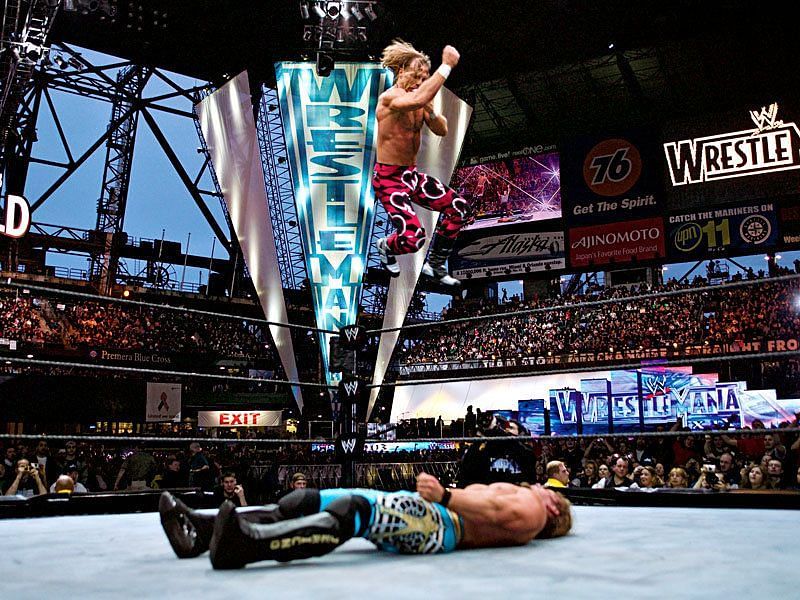 HBK attempting his signature Elbow drop!