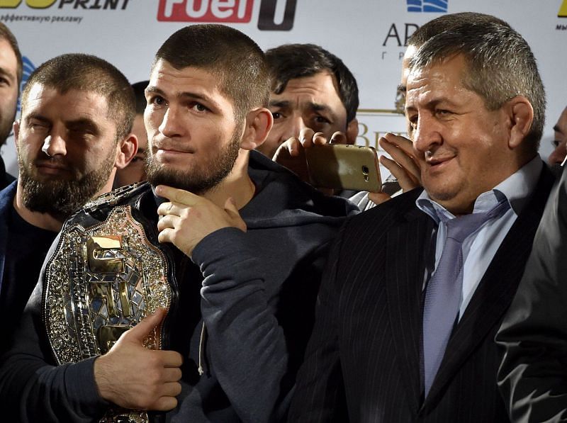 Khabib Nurmagomedov (left) along with his father, Abdulmanap (right), during a recent addressing