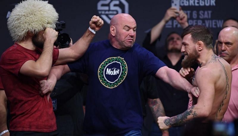 Dana White holding Conor McGregor back during the UFC 229 weigh-ins!