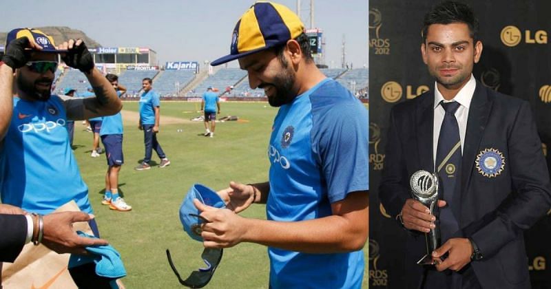 Rohit Sharma and Virat Kohli with the ICC ODI Team of the Year award caps in 2018 (left); Kohli with ODI player of the year award (right)
