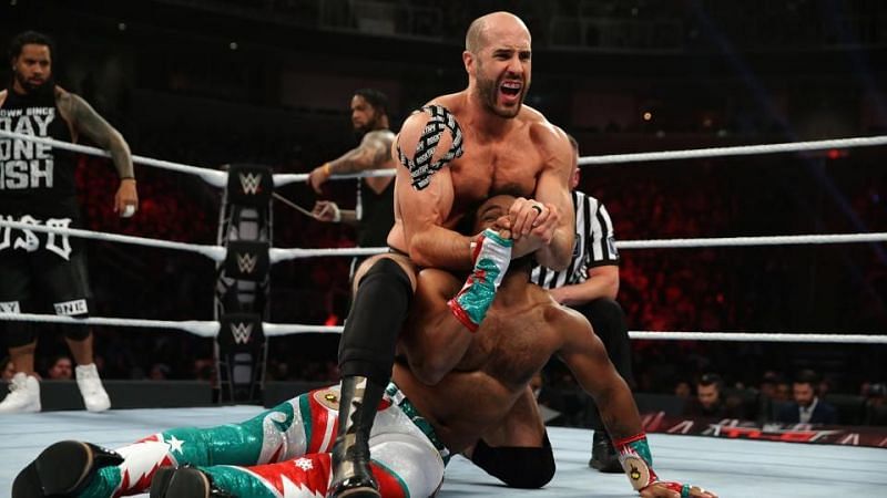 Cesaro with a rest hold on Woods