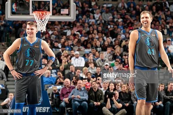 The past and future of the Mavs franchise: Doncic (L) and Dirk Nowitzki (R)