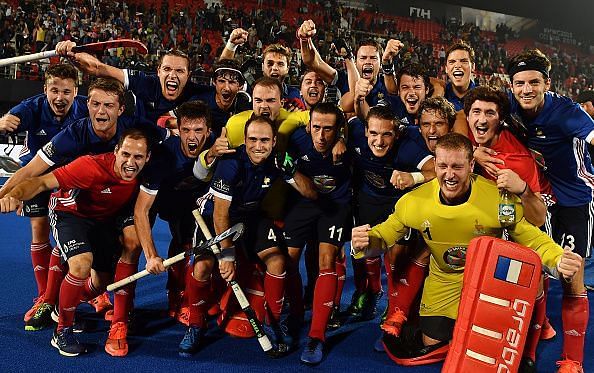 The jubilant bunch of French players after their win against Argentina