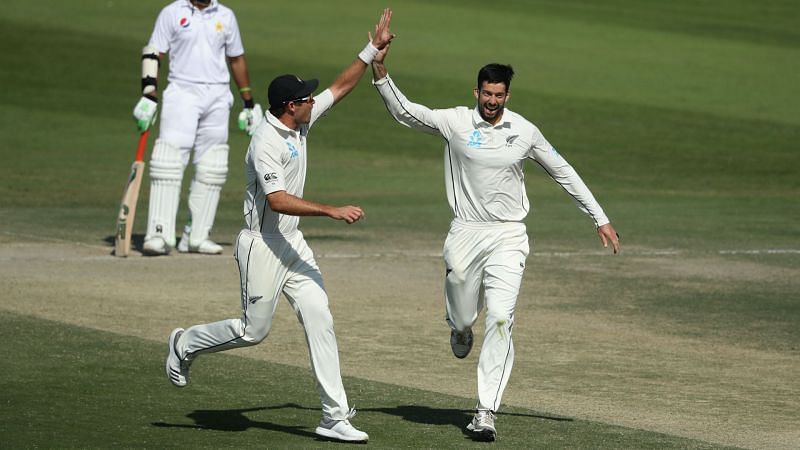 William Somerville and Tim Southee celebrate for New Zealand
