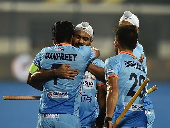Indian players celebrating a goal against Belgium