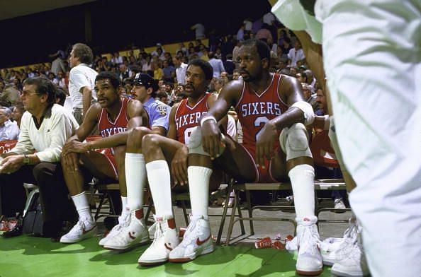 Dr J, Moses and Mo Cheeks on the bench