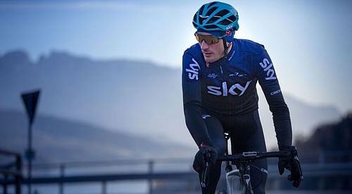 Elia Viviani models the 2019 Team Sky jersey.