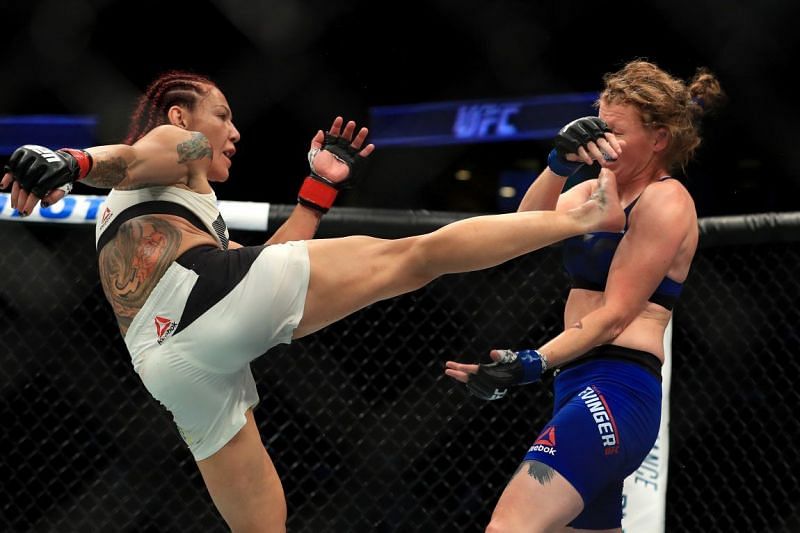 Cyborg catches Evinger with a huge head kick