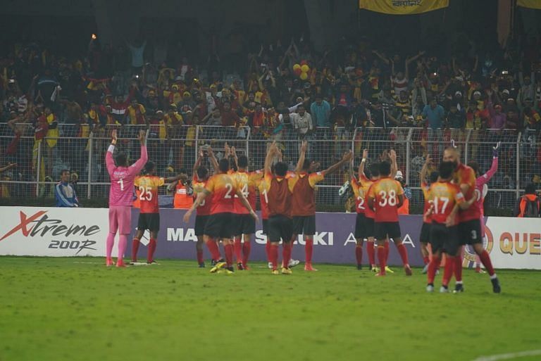 The East Bengal fans do the signature Viking claps with the players after winning the Kolkata Derby