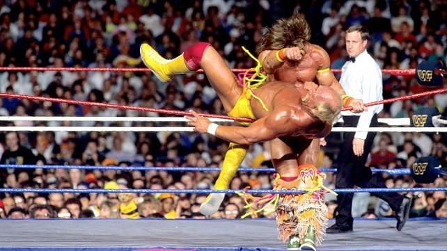 Warrior sends Hogan flying, on route to becoming WWF Champion.