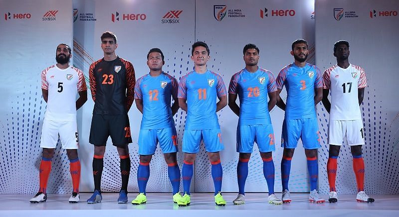 (From left) Sandesh Jhingan, Gurpreet Singh Sandhu, Jeje Lalpekhlua, Sunil Chhetri, Pritam Kotal, Subhasish Bose and Rowllin Borges sport the Indian National Football Team&#039;s new look for the Asian Cup