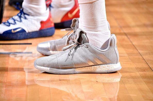 Harden sports the Vol 3 sneakers in a game against the Pistons